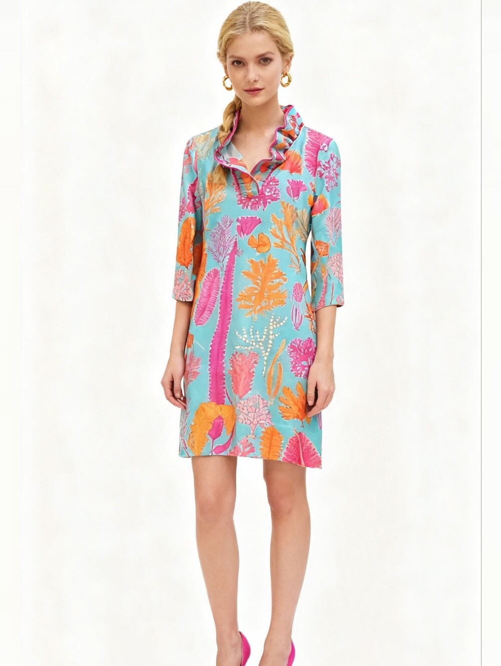 Gretchen Scott Ruffle-Neck 3/4-Sleeve Dress Size XL